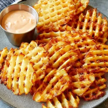 Plate of crispy waffle fries served with homemade dipping sauce