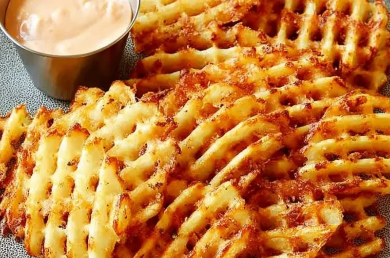 Plate of crispy waffle fries served with homemade dipping sauce