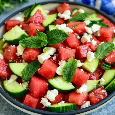 Delicious watermelon salad with mint and feta cheese served in a bowl.