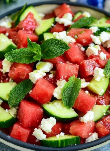 Delicious watermelon salad with mint and feta cheese served in a bowl.