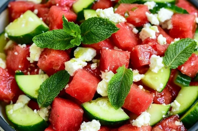 Delicious watermelon salad with mint and feta cheese served in a bowl.