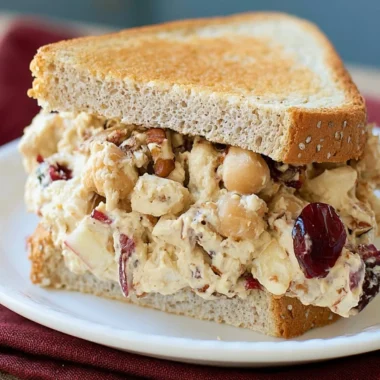 Apple pecan chickpea salad sandwich served on whole grain bread
