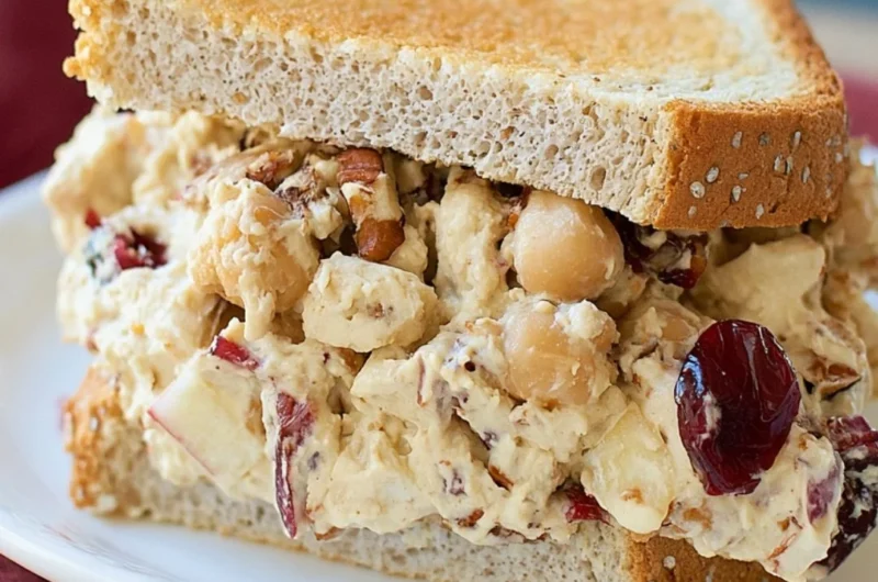 Apple pecan chickpea salad sandwich served on whole grain bread