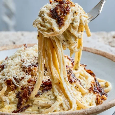 Delicious plate of authentic carbonara pasta with creamy sauce and pancetta
