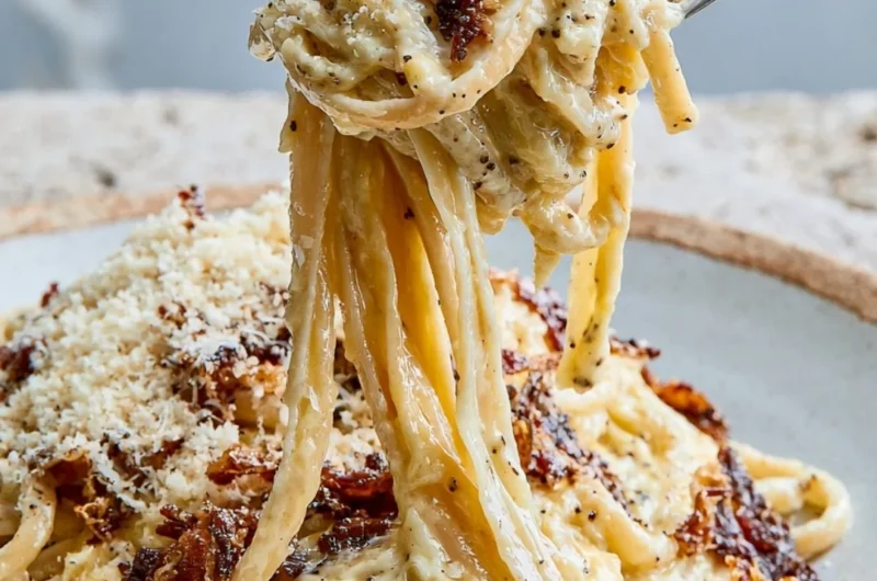 Delicious plate of authentic carbonara pasta with creamy sauce and pancetta