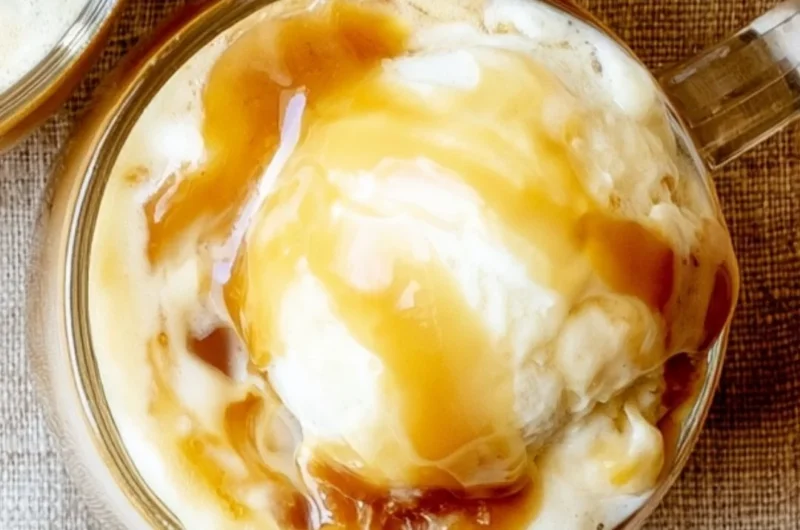 Delicious caramel apple cider float topped with whipped cream
