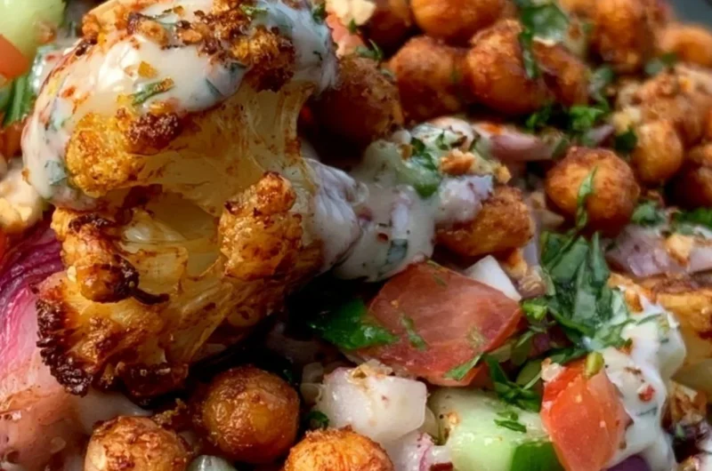 Delicious Cauliflower Shawarma Bowl topped with fresh vegetables and tahini sauce