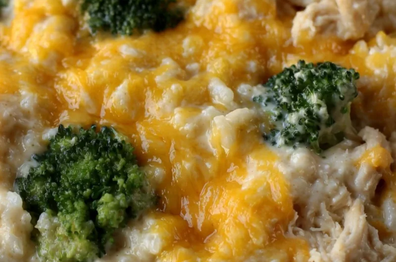 Cheesy broccoli chicken and rice casserole topped with melted cheese.