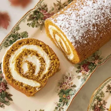 Delicious classic pumpkin roll dessert filled with cream cheese frosting.