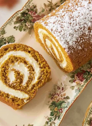 Delicious classic pumpkin roll dessert filled with cream cheese frosting.