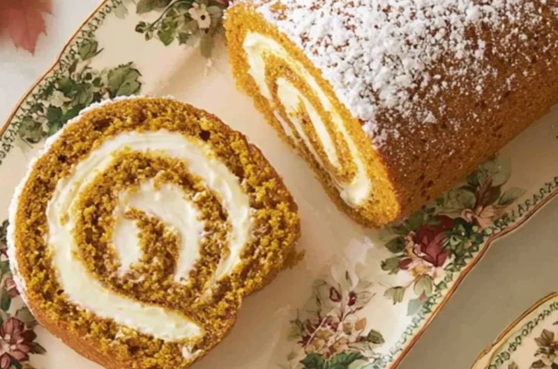 Delicious classic pumpkin roll dessert filled with cream cheese frosting.