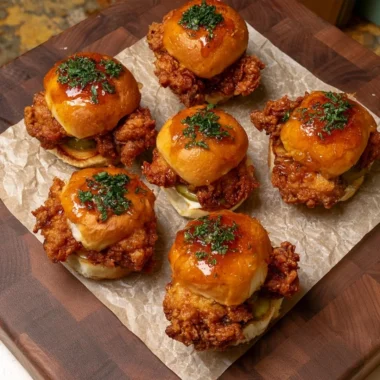 Delicious crispy chicken sliders topped with honey ranch sauce