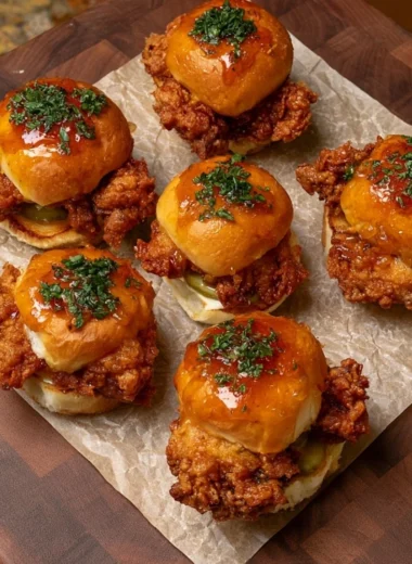 Delicious crispy chicken sliders topped with honey ranch sauce