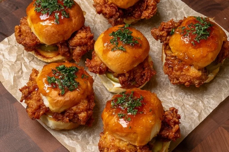Delicious crispy chicken sliders topped with honey ranch sauce
