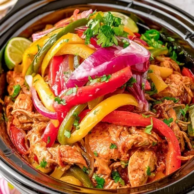 Delicious crockpot chicken fajitas served with peppers and onions.