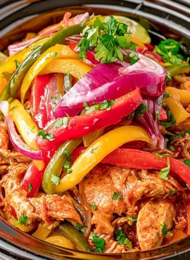 Delicious crockpot chicken fajitas served with peppers and onions.