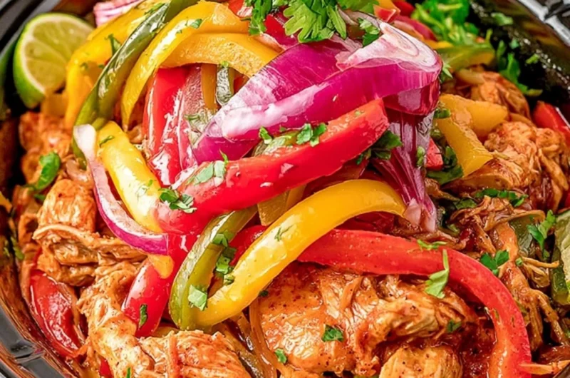 Delicious crockpot chicken fajitas served with peppers and onions.
