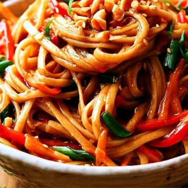 Bowl of easy Thai noodles topped with creamy peanut sauce and fresh vegetables.