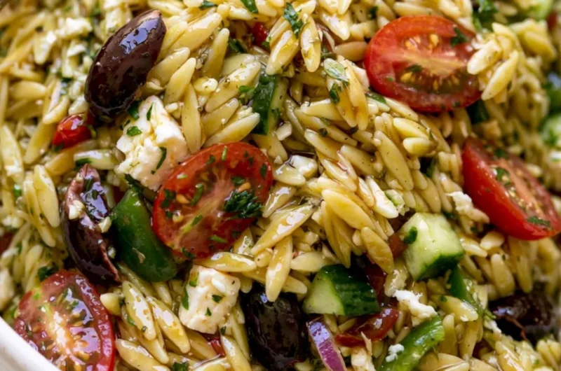 Colorful Greek Orzo Salad with fresh vegetables and feta cheese
