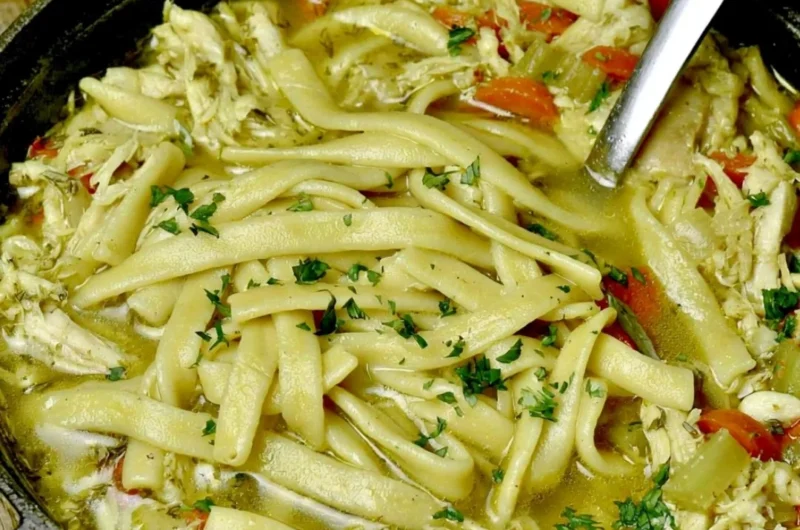 Bowl of homemade chicken noodle soup with fresh herbs and vegetables