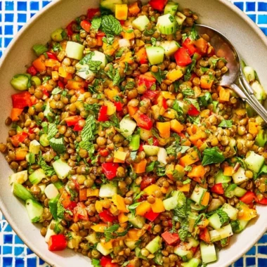 Colorful Mediterranean Lentil Salad with fresh vegetables and herbs