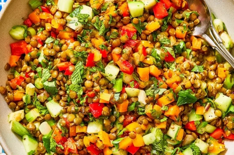 Colorful Mediterranean Lentil Salad with fresh vegetables and herbs