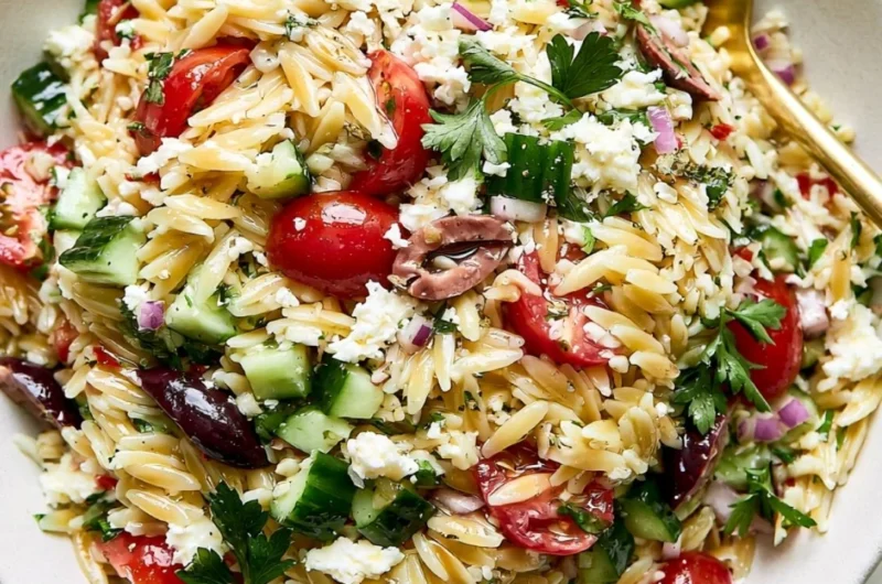 Mediterranean Orzo Salad with fresh vegetables and dressing