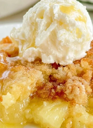 Delicious Pineapple Dump Cake served in a dessert dish