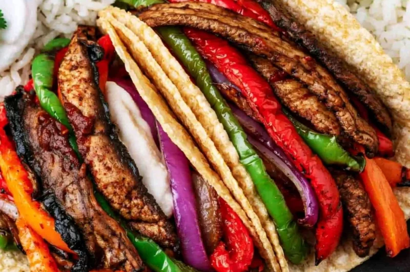 Plate of Portobello vegan fajitas with colorful peppers and onions