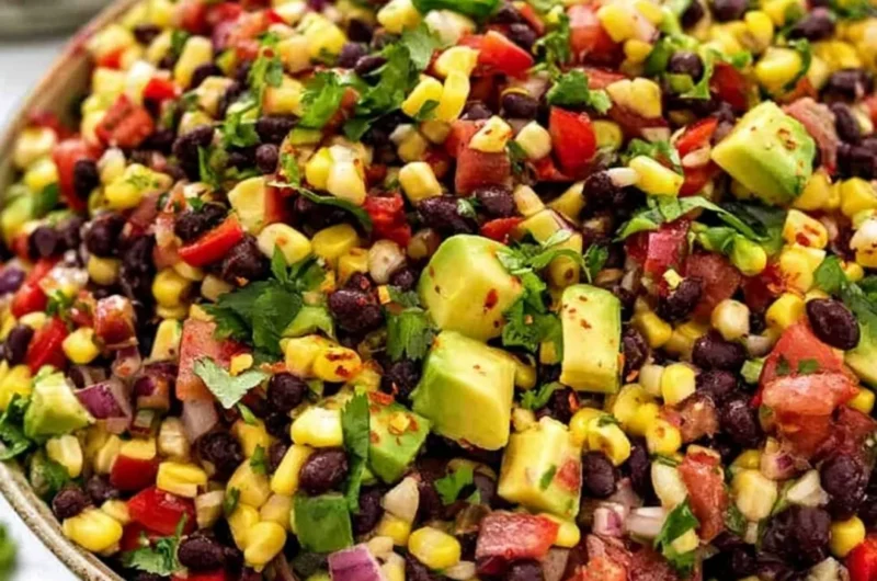 Simple black bean and corn salad in a bowl, healthy and colorful dish
