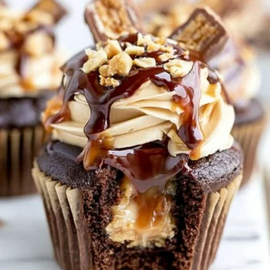 Delicious Snickers Cupcakes topped with caramel and chocolate icing
