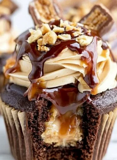 Delicious Snickers Cupcakes topped with caramel and chocolate icing