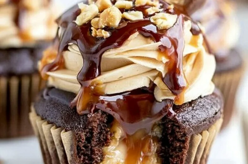 Delicious Snickers Cupcakes topped with caramel and chocolate icing