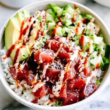 Spicy Tuna Poke Bowl topped with fresh ingredients and vibrant colors