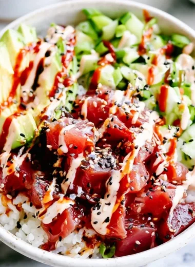 Delicious Spicy Tuna Poke Bowl with fresh ingredients and vibrant colors