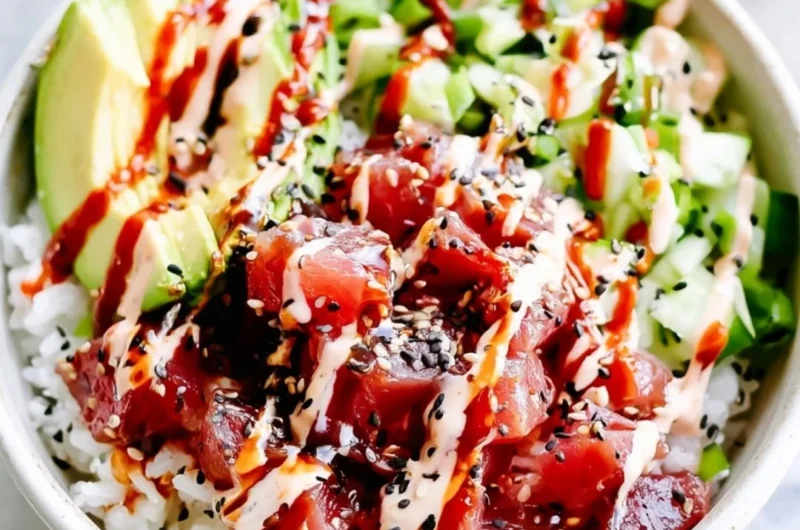 Delicious Spicy Tuna Poke Bowl with fresh ingredients and vibrant colors