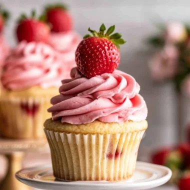 Delicious strawberry jam cupcakes topped with frosting and fresh strawberries