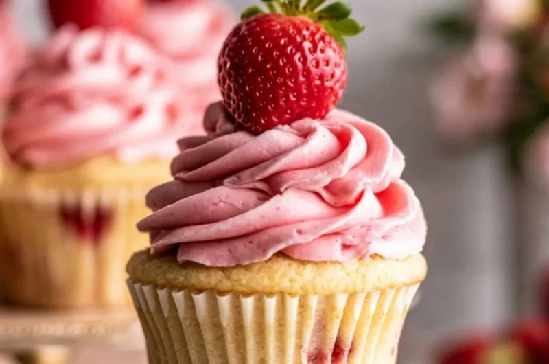 Delicious strawberry jam cupcakes topped with frosting and fresh strawberries