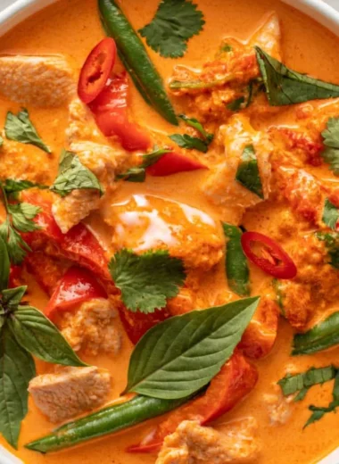 Delicious Thai red curry with chicken served in a bowl