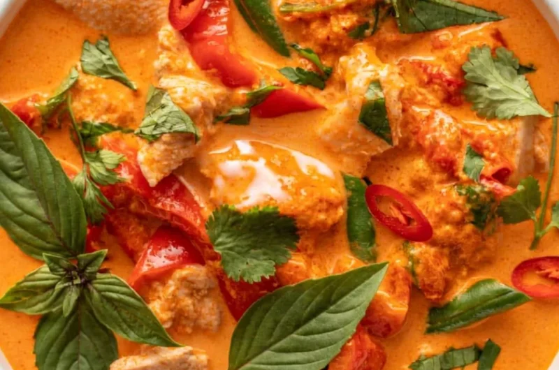 Delicious Thai red curry with chicken served in a bowl