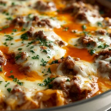 Unstuffed ground beef cabbage roll casserole in a baking dish