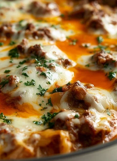 Unstuffed ground beef cabbage roll casserole in a baking dish