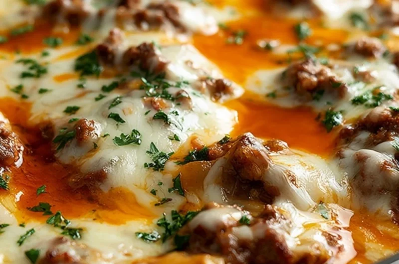 Unstuffed ground beef cabbage roll casserole in a baking dish